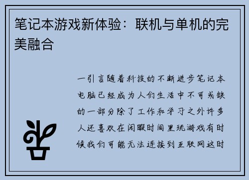 笔记本游戏新体验：联机与单机的完美融合